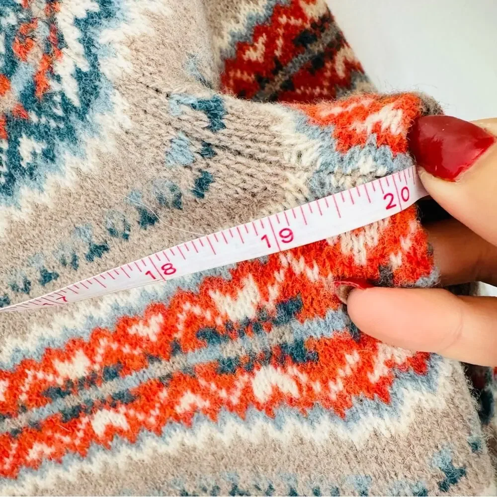 MENS J CREW Beige Tan Blue Fair Isle Wool Stripe Crew $228 Pullover Sweater S